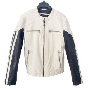 Wilsons faux leather moto jacket, B&W two-tone striped cafe racer, size S vegan